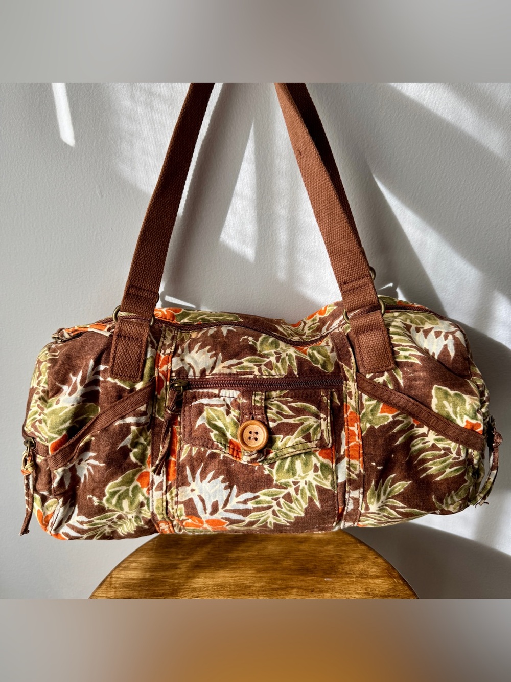 Vintage Fossil Brown Floral Canvas Barrel Shoulder Bag Y2K Boho